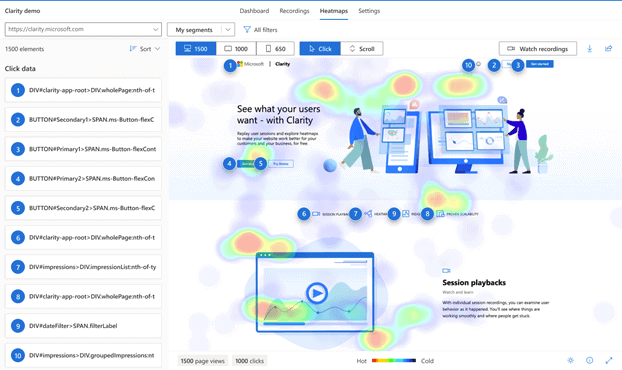 microsoft clarity screenshot