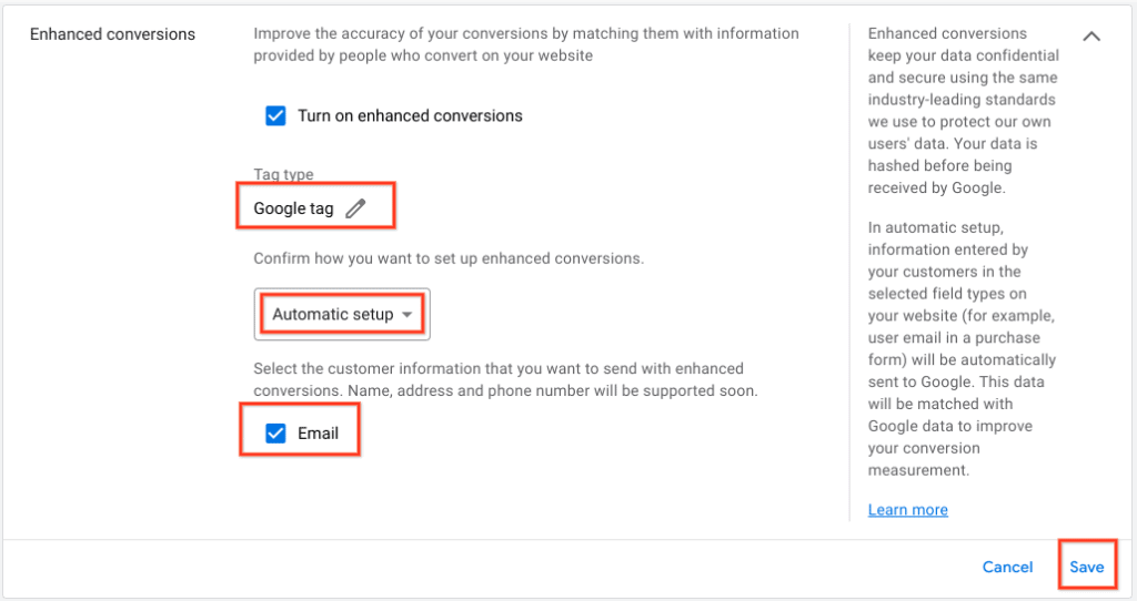 screenshot to show how to set up enhanced conversions in Google Analytics 4
