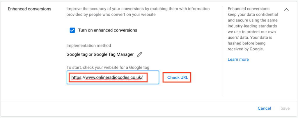 screenshot to show how to set up enhanced conversions 
