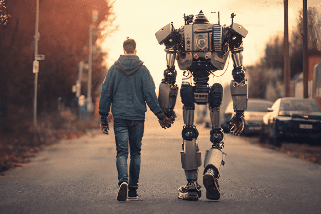 a human walking hand in hand with an robot
