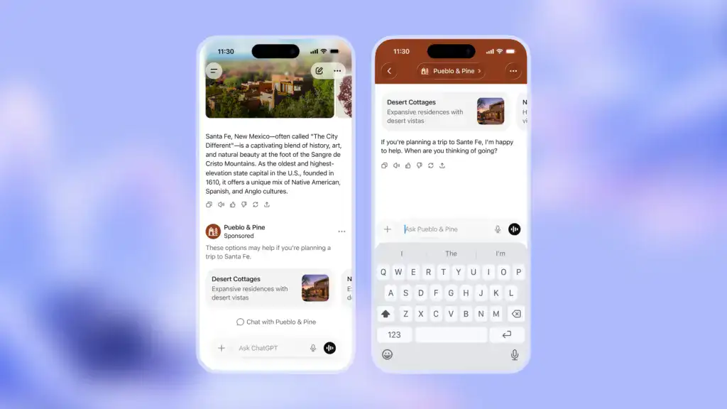 Mobile mockups showing advertising inside the ChatGPT conversation interface.